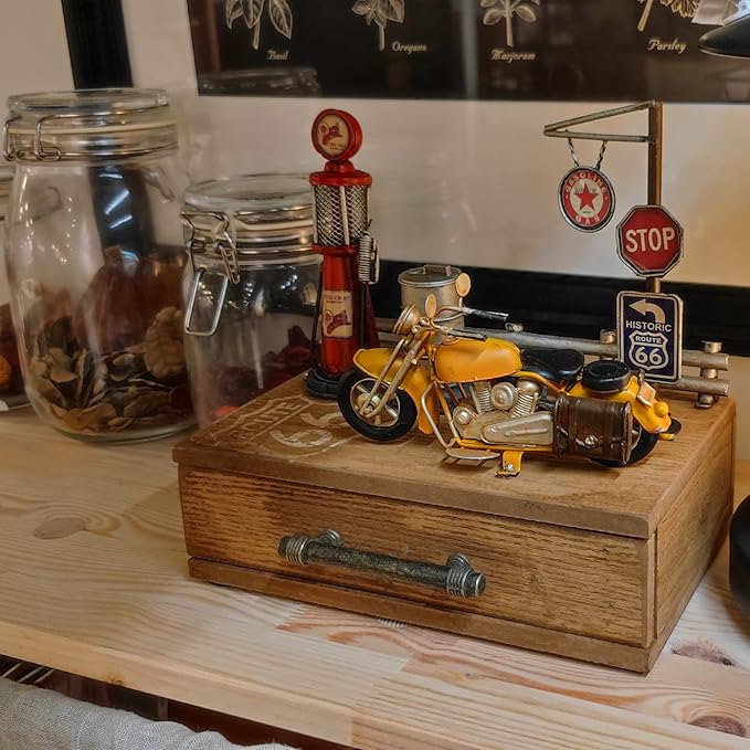 Route 66 Desk Table Decor Gas Station Model Miniature Storage Box Decoration Vintage Gas Pump Motorcycle Model Organizer Drawers Jewelry Box Ring Trinket Case Cabinet Retro Home Decor