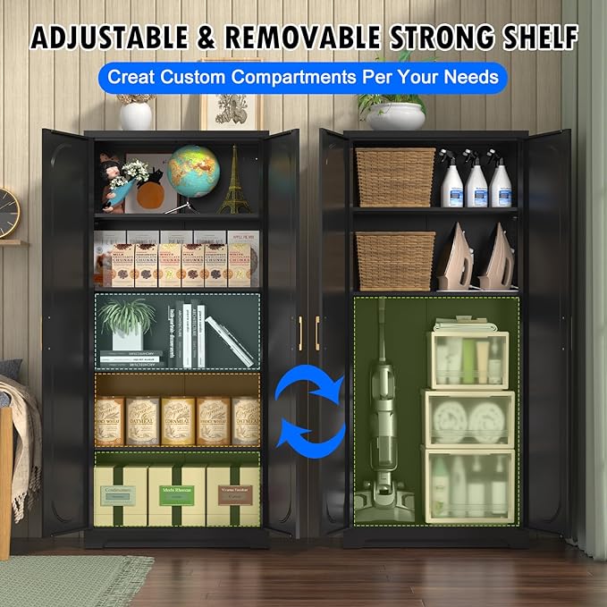 71" Tall Kitchen Pantry Cabinet, Pantry Storage Cabinet with Doors and Shelves, Metal Food Pantry Cabinets with Handles, Black Freestanding Cupboard for Living&Dining Room-Assemble Required