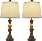 Set of Modern Table Lamps with USB-C & USB Ports, Rotating Knob Switch, Linen Shade + Resin Base Rustic Farmhous (Black Gold/Oil Bronze)