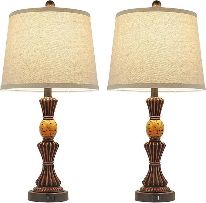 Set of Modern Table Lamps with USB-C & USB Ports, Rotating Knob Switch, Linen Shade + Resin Base Rustic Farmhous (Black Gold/Oil Bronze)