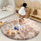 Tie-Dyed Beige Fluffy Round Rug,Soft Area Rugs for Girls Room,Shaggy Rugs 4'X4' for Living Room,Non Slip Circle Rug for Kids Bedroom,Shag Plush Nursery Carpets,Fuzzy Rug for Dorm,Room Decor Carpet