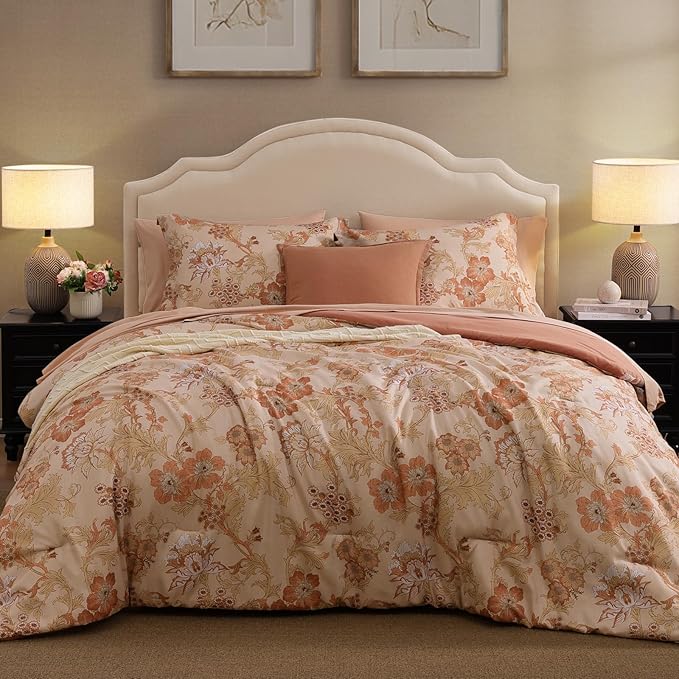 Queen Comforter Set -7 Pieces Terrecotta Floral Comforter Set for All Seasons, Bed in a Bag Queen with Botanical Flowers Comforter, Sheets, Pillowcases & Shams
