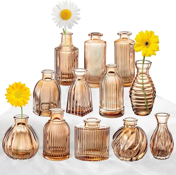 Bud Vases Set of 12, Amber Vase Small Glass Vases for Flowers Modern Ribbed Amber Glass Bud Vase for Decor Flower Vase in Bulk Vintage Decor Boho Wedding Centerpieces Rustic Home Table Decoration