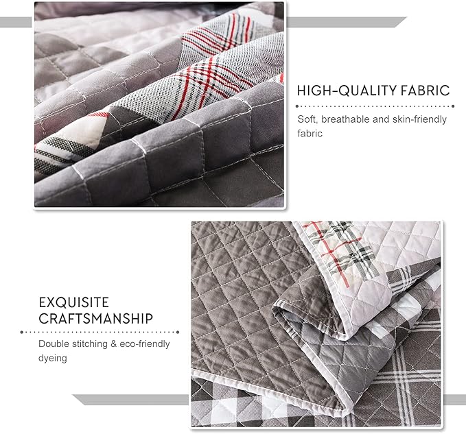 Travan Quilt Set 3-Piece Oversized Quilted Bedspread Coverlet Set Grey European British Grid Patchwork Bedding Set, King Size