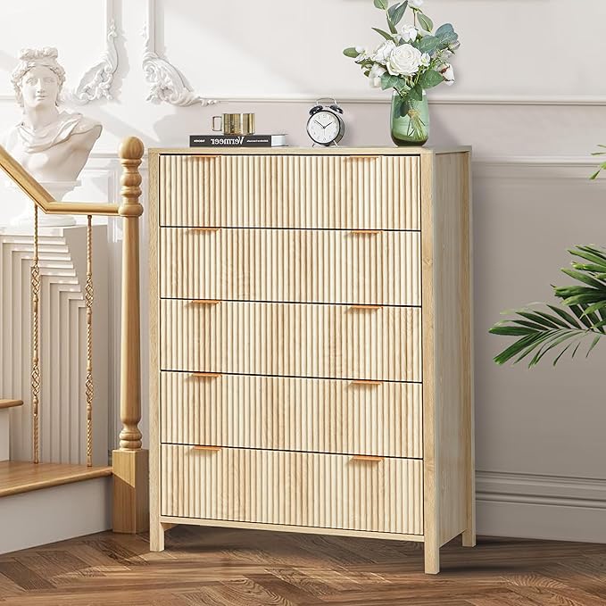 5 Drawer Dressers for Bedroom, Modern Closet Chest of Drawers with Waveform Fluted Panel, Large Wood Storage Dresser Organizer for Nursery Bedroom Living Room Hallway Closet, Natural