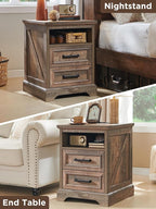 ACCOHOHO 18" Farmhouse Nightstand Set of 2 with Charging Station,End Table with 2 Drawers Storage,Side Table,Bedside Cabinet for Bedroom,Living Room, Light Brown