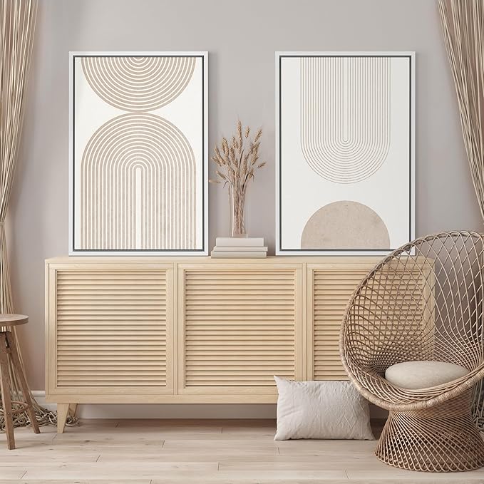 SIGNFORD Framed Canvas Print Wall Art Set Beige & White Duotone Geometric Spiral Polygons Abstract Shapes Illustrations Modern Art Decorative Minimalist Relax/Cozy for Bedroom - 16"x24"x2 White
