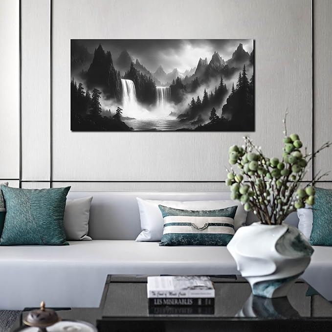 Mountain Wall Pictures for Living Room Decor - Black and White Wall Art Bedroom - Waterfall Canvas Wall Art for Office Size 20" x 40"