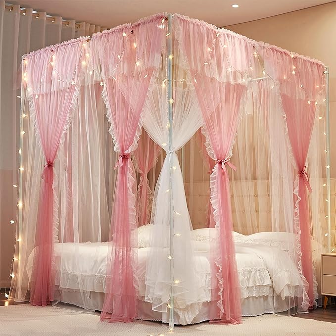 4 Corners Post Princess Curtains Bed Canopy for Girls 8 Panels Curtain- Double Layer Sheer Mesh Canopies Drapes Girls Room Decor (8P-Pink/White, 4P(33"x82") W+4P(43"x82") L/(Queen))