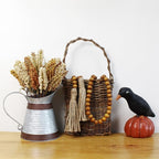 CVHOMEDECO. Wood Grain Beads Garland with Tassels Farmhouse Rustic Wooden Prayer Bead String Wall Hanging Accent for Home Festival Decor. Tan