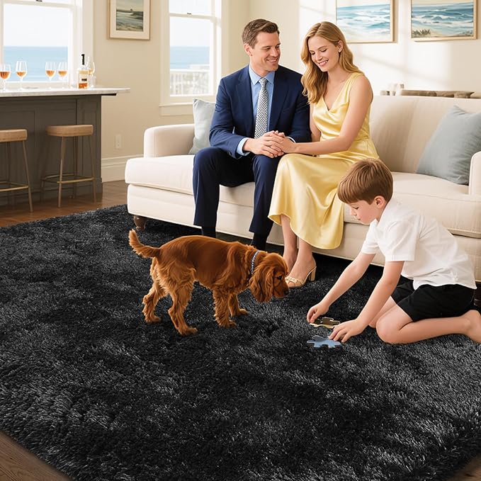 Fluffy Rug Shaggy Area Rug, Black 2x4 Area Rugs for Bedroom, Small Bedside Rug, Soft Fluffy Shaggy Entryway Throw Rugs for Living Room Bedroom Kids Room Home Decor