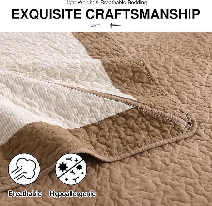 DDUOXIN Oversized King Bedspread - 120" W x120 L Extra Wide - 100% Cotton California Quilt with 2 Pillow Shams, Botanical Reversible Coverlet Bedding Set, Brown/Beige/Sugar Swizzle