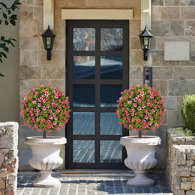 25" Artificial Boxwood Topiary Ball Trees with Rose Pink Flowers, Set of 2 UV Resistant No Fade Outdoor Faux Plants with Ground Spike, Fake Shrubs for Garden, Patio, Porch, Yard, Indoor Decor