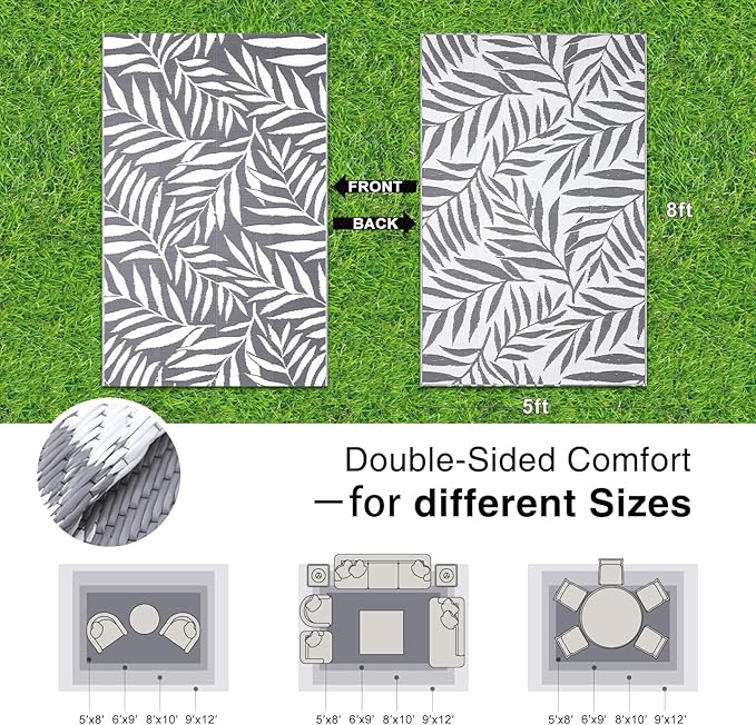 OLANLY Waterproof Outdoor Rug 5x8 ft, Reversible Outdoor Plastic Straw Rug with Leaf Pattern, RV Mat, Indoor Outdoor Carpet for Patio, Camping, Balcony, Deck, Backyard, Grey & White
