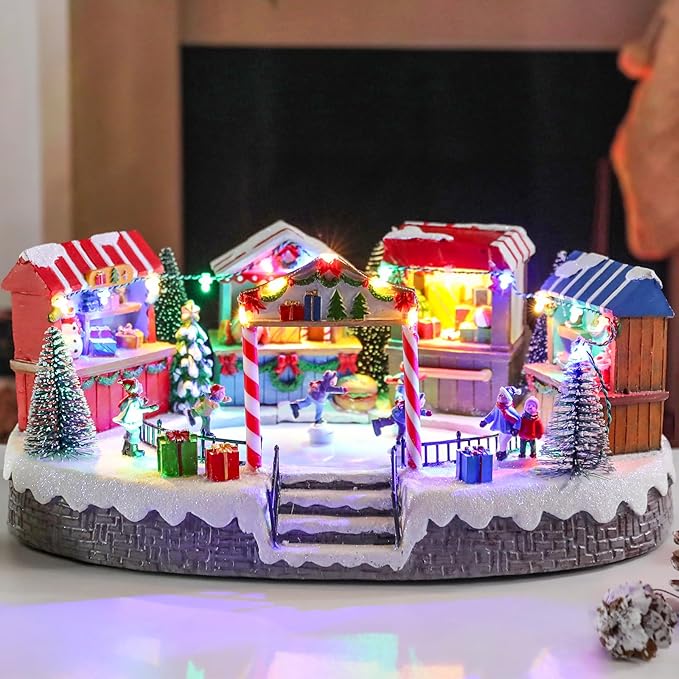 Bdor Christmas Market Village Scene with LED Lights | 8.3 x 5.9 x 5.9 Inches Battery Operated Holiday Decoration with Musical & Animated Market Stalls for Indoor Home Décor