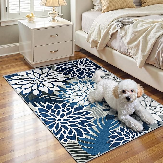 Area Rug 2x3 Blue White Washable Entry Small Rug Multicolored Tropical Botanical Modern Floral Indoor Kitchen Door Mat Entrance Carpet Non Slip for Bedroom Living Room, Porch