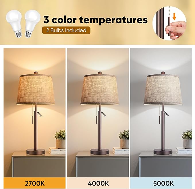 PARTPHONER Bedside Lamps Set of 2, Modern Table Lamps for Living Room, Height Adjustable Nightstand Lamps for Bedroom Office, End Table Lamps with Pull Chain(LED Bulbs Included), Oil Rubbed Bronze