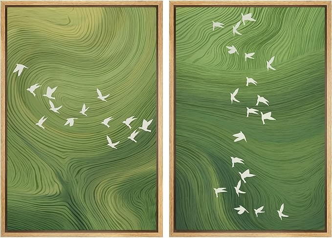 SIGNFORD Framed Canvas Print Wall Art Set Green Swirl Abstract White Birds Illustration Modern Art Decorative Nordic Nature for Living Room, Bedroom, Office - 16"x24"x2 Natural