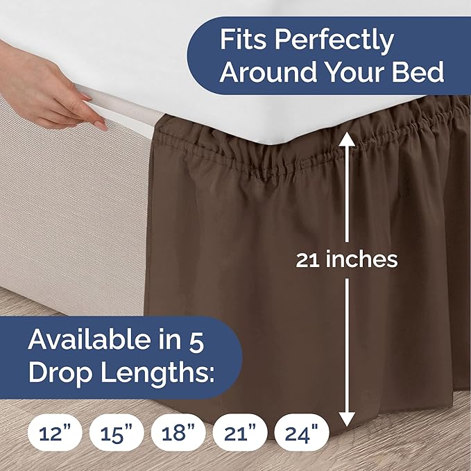 Wrap Around Dust Ruffle Bed Skirt - Brown - Twin/Twin XL Size Beds with 21 Inch Drop - Easy Fit Elastic Strap - Adjustable Pleated Bedskirt w/Brushed Fabric - Wrinkle Free - Women, Men, Kids & Teens