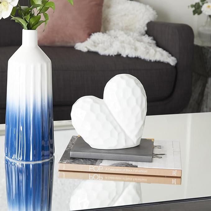 Deco 79 Porcelain Ceramic Heart Decorative Sculpture Dimensional Angled Origami Inspired Home Decor Statue, Accent Figurine 8" x 3" x 8", White