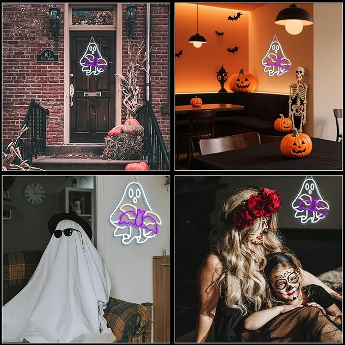 WLHOPE Ghost Bat Halloween Decor Neon Sign Dimmale Neon Lights For Wall Decor Led Lights For Halloween LED Signs Bar Man Cave Club Party Bedroom Game Room Decoration Gifts USB Powered 12.6x15.74in