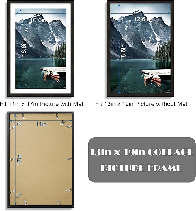 13x19 Picture Frame Set of 3 - Display 11x17 Photo with Mat or 13 x 19 Poster without Mat, Wall Mounting Horizontal and Vertical, Black