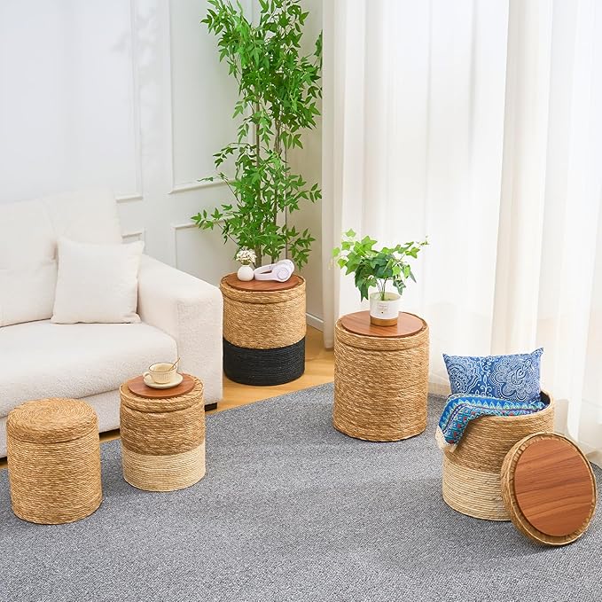 Wimarsbon Round Pouf Ottomans, Handwoven Natural Water Hyacinth Seagrass Pouffe,Outdoor Rattan Stool Accent Seat, Bohemian Coastal Home Decor (Cattail Nested Set-Natural)