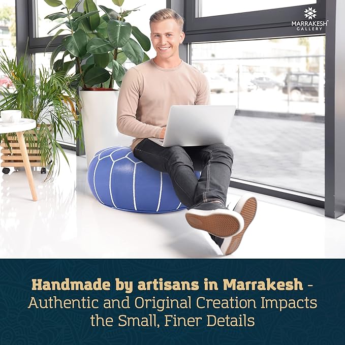 Genuine Leather Round Pouf Cover - Handmade Moroccan Ottoman Footstool, Unstuffed Footrest Under Desk - Boho Decor - Bohemian Living Room, Bedroom, Kids Room - Housewarming Gift & Wedding