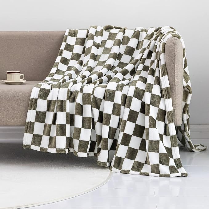 LOMAO Throw Blankets Flannel Blanket with Checkerboard Grid Pattern Soft Throw Blanket for Couch, Bed, Sofa Luxurious Warm and Cozy for All Seasons (Dark Olive, 90"x110")