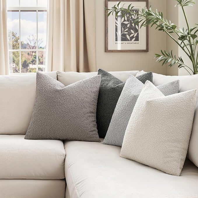 MIULEE Pack of 4 Decorative Textured Boucle Throw Pillow Covers 18x18 Inch Neutral Grey Accent Solid Pillow Cases Couch Cushion Covers for Modern Farmhouse Boho Chair Sofa Bed Livingroom Home Decor
