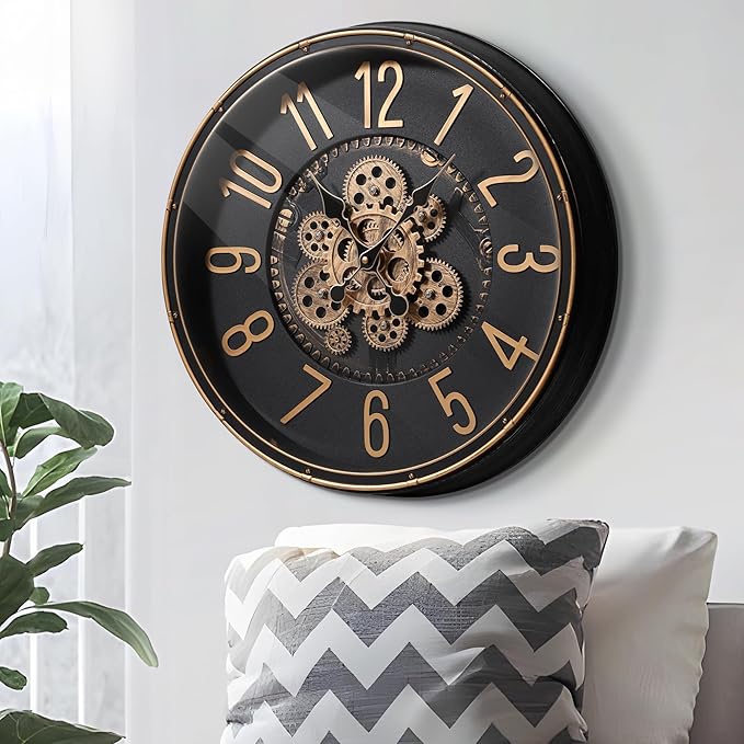 Maxstar Large Moving Gear Wall Clock,20" Vintage Mechanical Battery Operated Industrial Wall Clocks for Farmhouse Living Room,Home Office, Dinning Room, Kitchen, Steampunk Decor-Gold,Arab Numeral