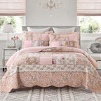 Yvooxny Quilts Queen Size Patchwork Pink Floral Quilt Set Vintage Shabby Chic Botanical Floral Quilted Bedspread 3-Piece Quilt Set with Ruffle for All Seasons, Queen Size, 98 * 90 Inches