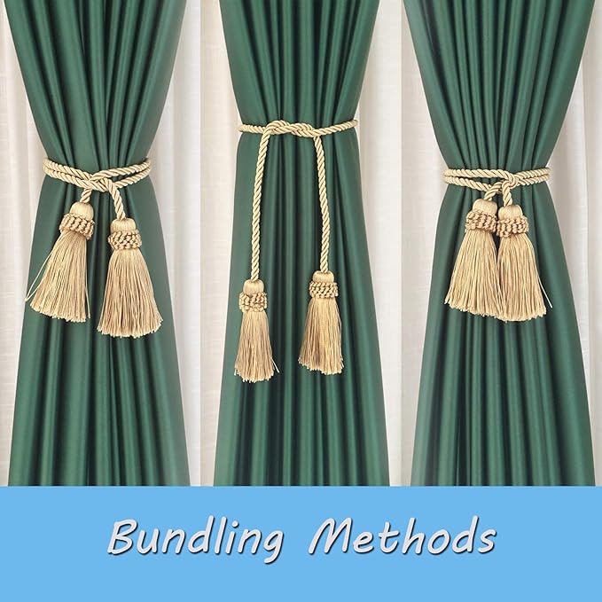 Fenghuangwu Curtain Tiebacks Handmade Decorative Curtain Holdbacks Rope with Tassel (Gold, 4P)
