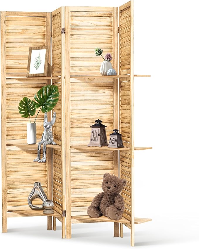 Osparple Room Divider with Shelves 4 Panel Wooden Folding Room Dividers Privacy Screen Wall Divider for Room Separation for Office and Apartment, Natural
