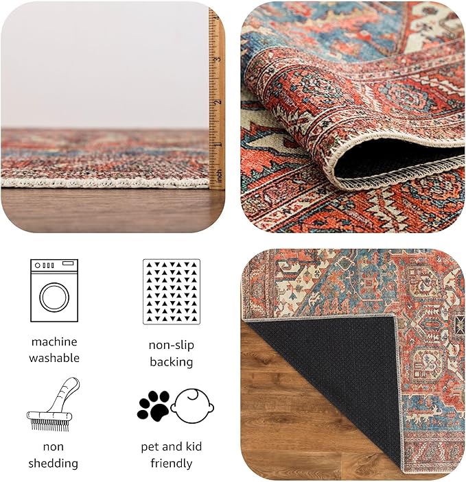 Keen Home Design 6x9 Rug - Machine Washable Area Rug with Non-Slip Backing, Ideal for Living Room, Dining Room, Bedroom - Vintage, Easy Clean, Durable, Low Pile Rug - (6' x 9')