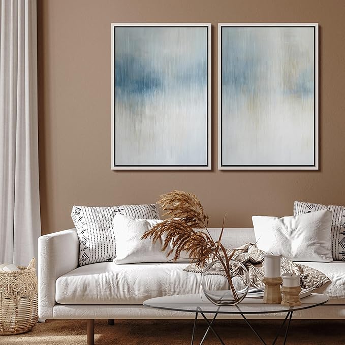 SIGNFORD Framed Canvas Print Wall Art Set Blue and Beige Abstract Modern Neutral Vertical Illustration Modern Art Decorative Nordic Nature for Living Room, Bedroom, Office - 16"x24"x2 White