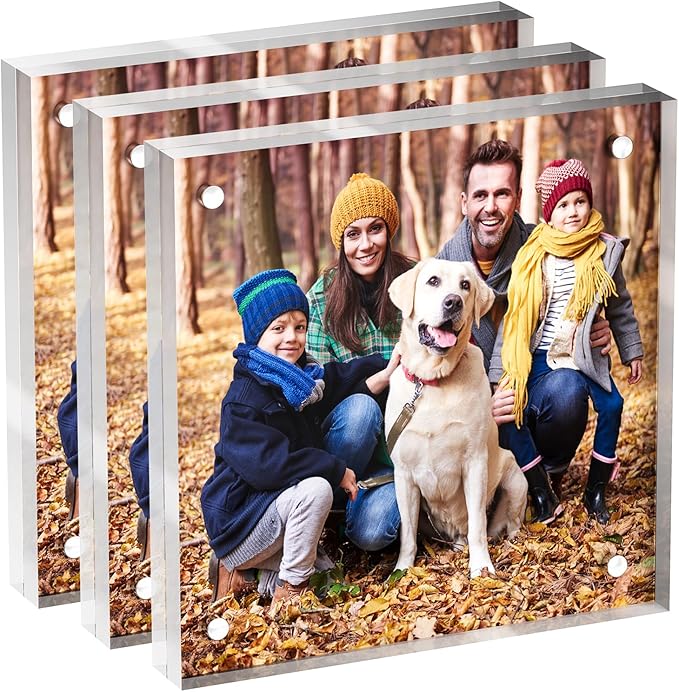 4x4 Acrylic Picture Frame 3 Pack, Clear Freestanding Double Sided Frameless Magnetic Photo Frames, Desktop Display Decor Gift