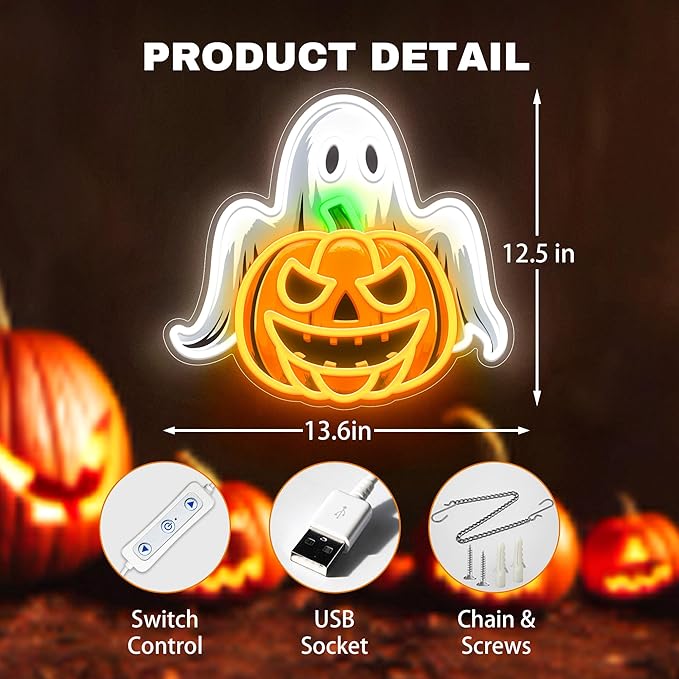 Spooky Glow Halloween Neon Signs for Wall Decor - Ghost & Pumpkin Led Neon Light Up Sign, Glow in Dark Indoor Decor for Porch Window Home Bar Party, Scary Halloween Decorations Gifts for Kids