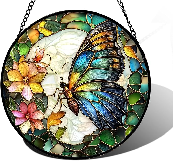 Stained Glass Window Hanging, Butterfly Flower Sun Catchers Diamond Glass Panel Hangings Insect Suncatcher Decor for Birthday for Women, Men, Wife, Aunt, and Mom 15x15 in