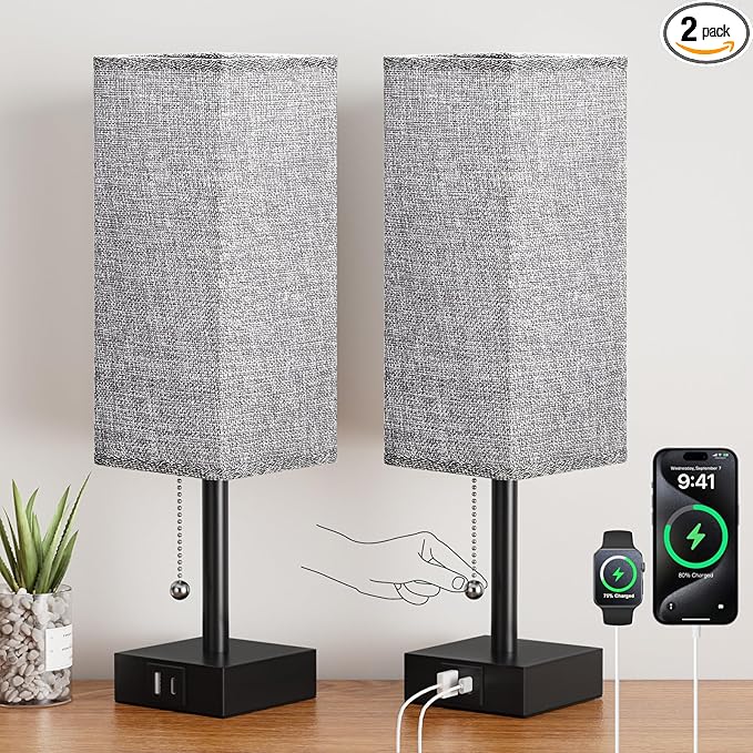 Bedside Table Lamps Set of 2 - Gray Bedroom Lamps with 3 Color Temperatures (3000K/5000K/4000K), Square Nightstand Light with USB C + A Charging Ports, Pull Chain Small Night Light