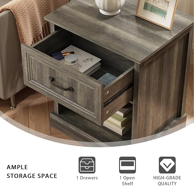 CARPETNAL 20" Farmhouse Nightstand Set of 2, End Table with Large Drawers & Open Storage, Side Table, Bedside Table for Bedroom, Living Room, Grey