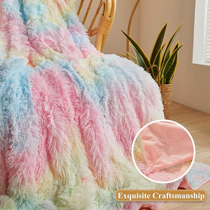 XeGe Luxury Faux Fur Blanket, Rainbow Soft Big Fluffy Throw, Shaggy Plush Decorative Couch Throw, Cute Furry Fuzzy Blanket for Bed Bedroom Living Room Rainbow, 60x90