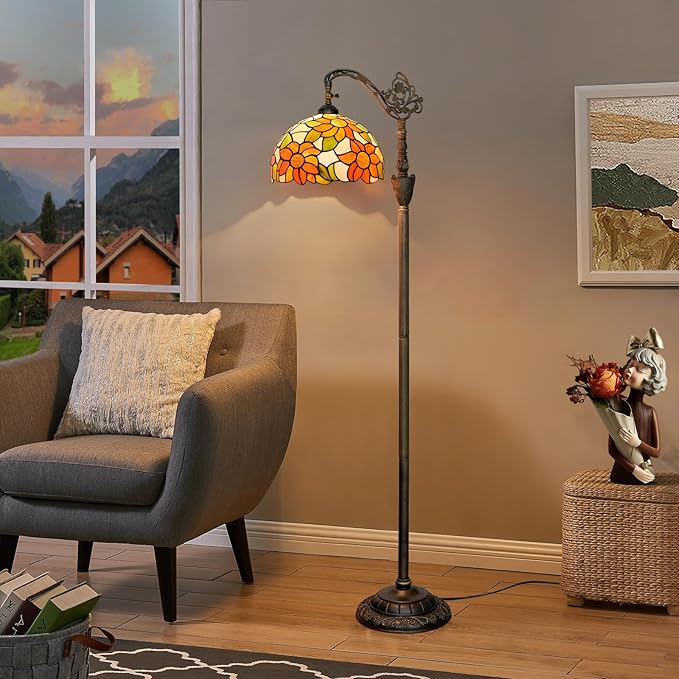 Tiffany Floor Lamp Yellow Sunflower Stained Glass Gooseneck Reading Floor Lamp Adjustable Corner Standing Light with Foot Switch for Bedroom Living Room Office (Bulb Included)