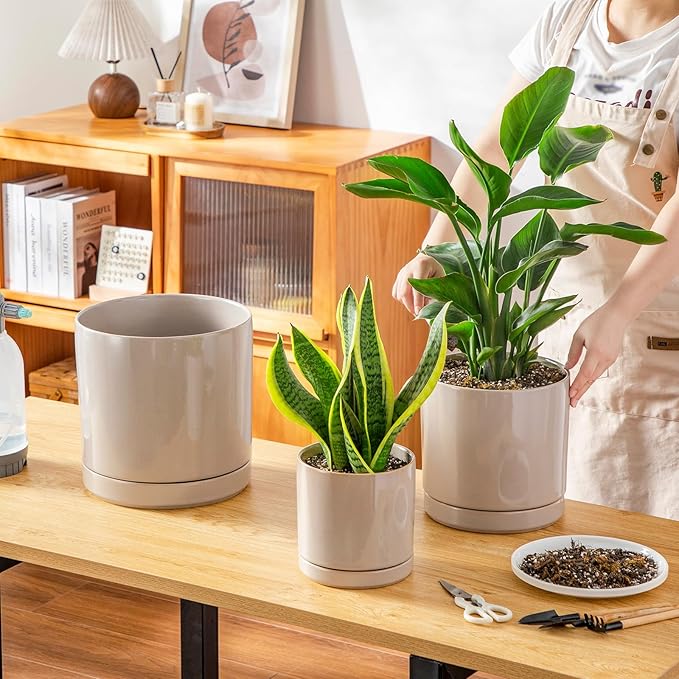 vancasso Ceramic Planters, Plant Pots for Indoor Plants, 6.25+8.25+10.25 Inch Ceramic Pots for Plants, Flower Pots with Drainage Holes (Gray, 6.25+8.25+10.25 Inch)