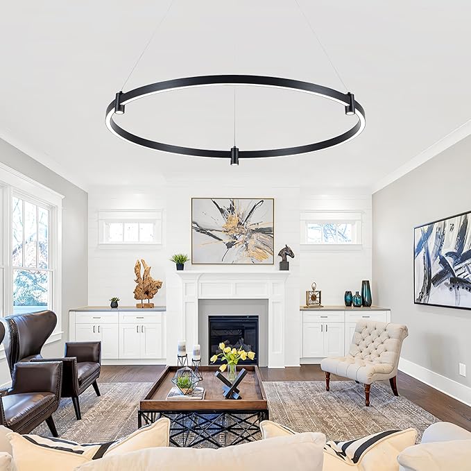 LED Black Chandeliers Modern Pendant Light, 40W Dimmable,1 Rings Dimmable Chandelier Lighting Fixture for Living Room Bedroom Kitchen Island Resturant Dining Room 3000K-6000K