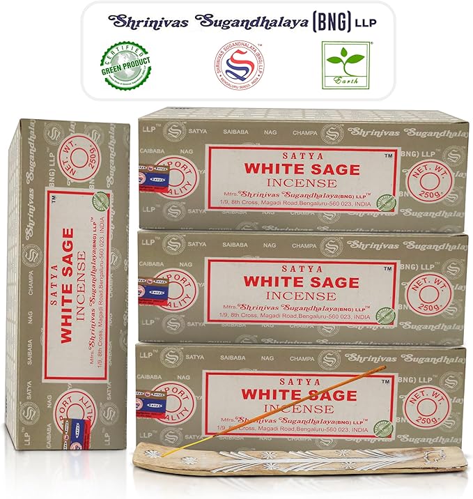 Satya White Sage Incense Sticks 250 gmx 4 Pack (1000 gm), Satya BNG (Bangalore) Insenses with Raajsee Incense Holder Bundle, Satya Nagchampa Natural Incense