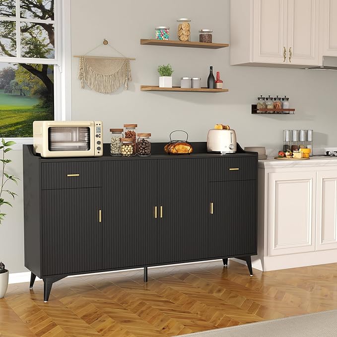 Sideboard Buffet Cabinet with Drawers: 63" Black Fluted Sideboard Cabinet with 2 Drawers and 4 Doors, Modern Wood Credenza Storage Cabinet, Large Accent Cabinets for Living Room (63")