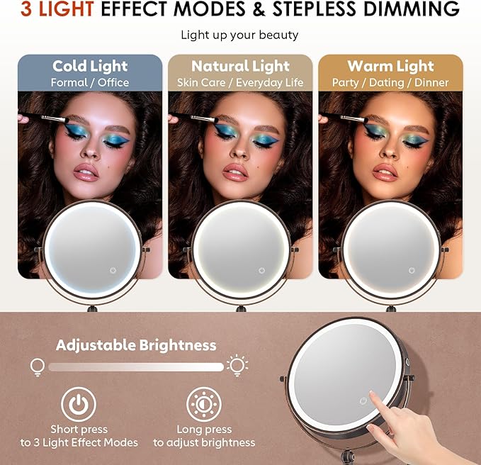 9" Wall Mounted Lighted Makeup Mirror,4000mAh Rechargeable Double Sided 1X/10X Magnifying Mirror with Light,3 Color Lights,Touch Dimmable,Extended Arm 360 Rotation Wall Mounted Makeup Mirror (Bronze)