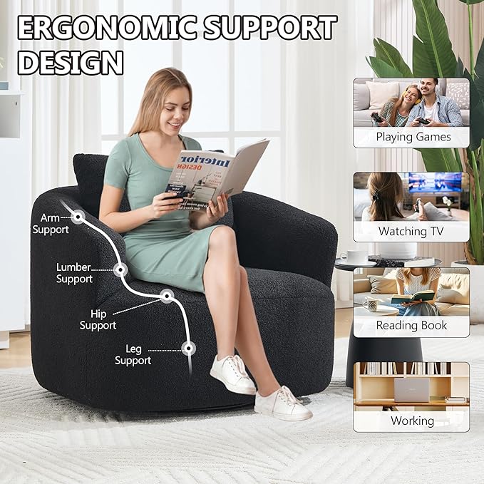 Swivel Accent Chair,360° Rotating Barrel Chair,Teddy Fleece High-Resilience Sponge Single Sofa, Easy Assembly for Living Room, Bedroom, Apartment Black