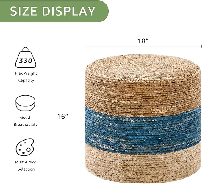 Wimarsbon 18'' Ottoman Pouf, Natural Braided Poof, Rustic Handweave Lounge Pouffe, Boho Footrest Stool for Bedroom, Accent Table for Living Room (18inch Natural Cattail + Blue Corn Husk)